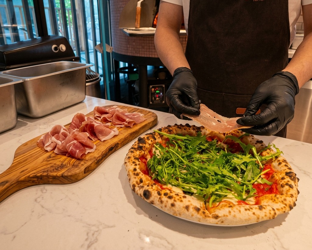 Szef kuchni układający cienkie plastry różowej szynki parmeńskiej na świeżej warstwie zielonej rukoli na gorącej pizzy.