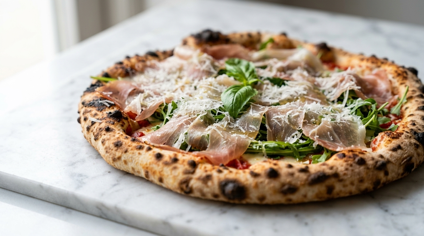 Pizza Prosciutto e Rucola z pieca opalanego drewnem (z rukolą i szynką parmeńską)
