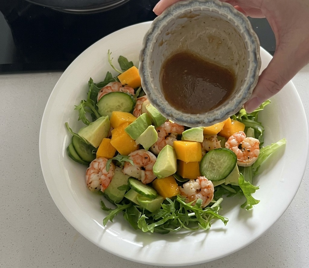 Dressing wylewany z małej miseczki na sałatkę zawierającą krewetki, mango, awokado i zieleninę.