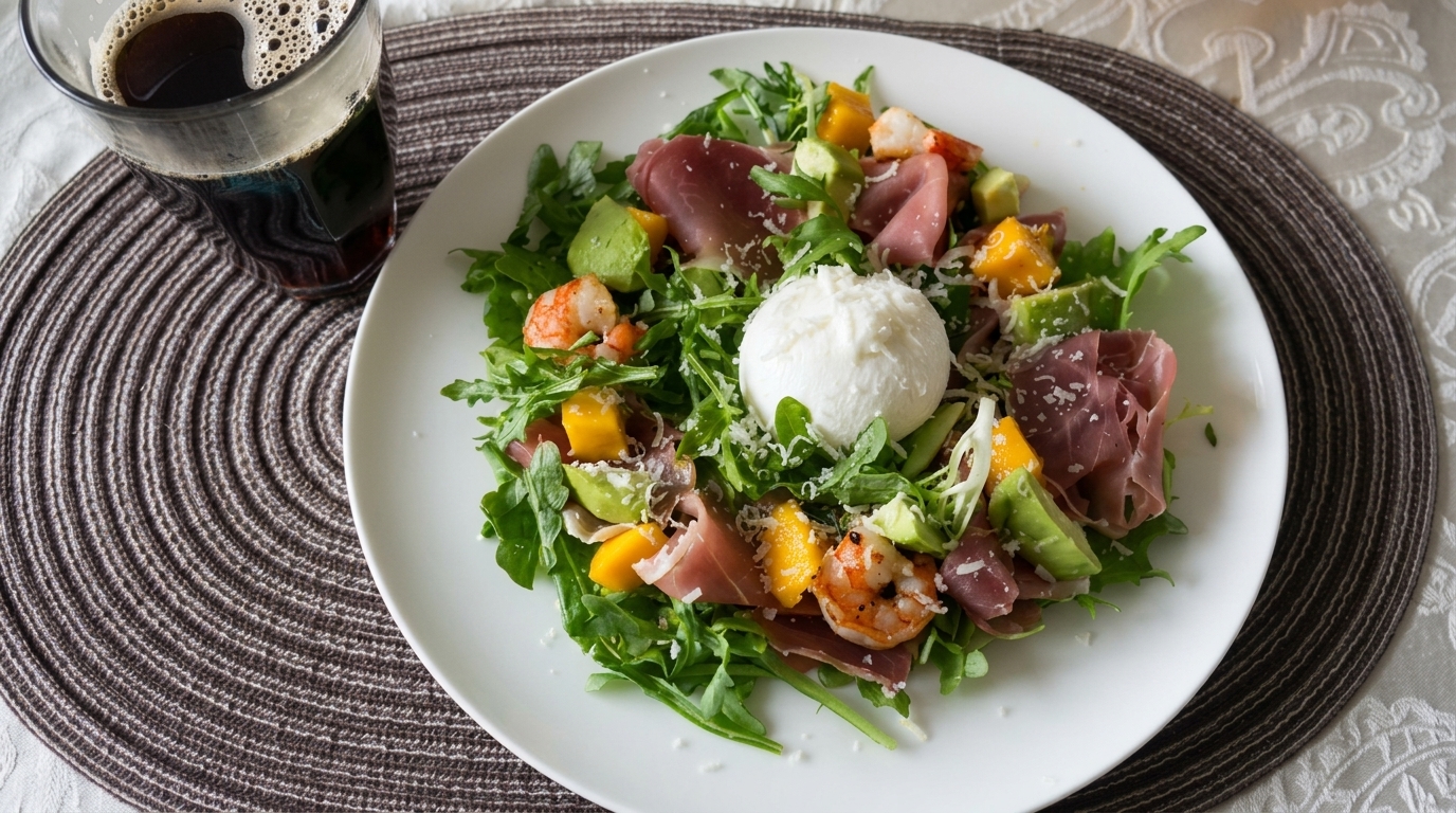Kolorowa sałatka z rukoli z dodatkiem smażonych krewetek, mango i awokado, udekorowana plastrami szynki prosciutto i kremową kulką burraty.