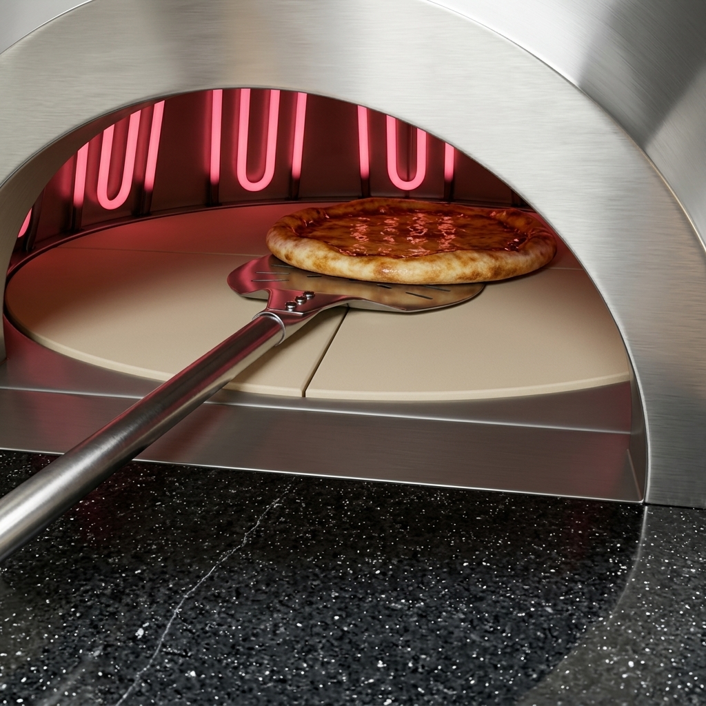 Pizza z sosem pomidorowym i świeżym serem wsuwana do rozżarzonego pieca za pomocą metalowej łopaty z długą rączką.