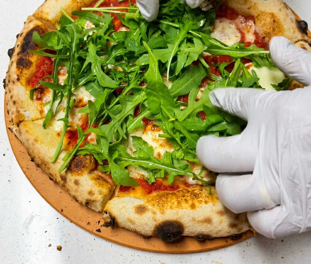 Dłonie w rękawiczkach rozsypujące obfitą porcję intensywnie zielonych liści rukoli na wierzch świeżo upieczonej pizzy.
