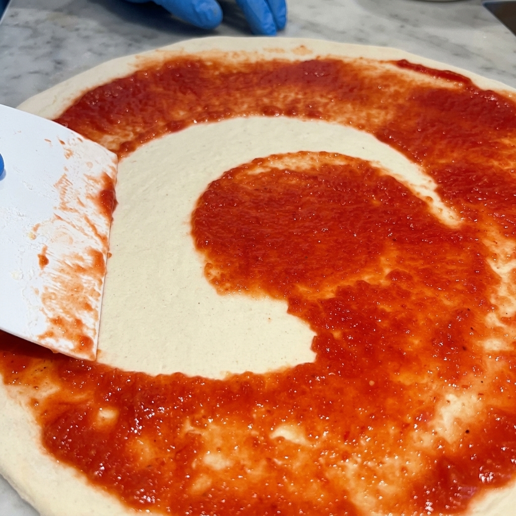 Intensywnie czerwony sos pomidorowy rozprowadzany kolistymi ruchami na surowym spodzie pizzy za pomocą białej szpatułki.
