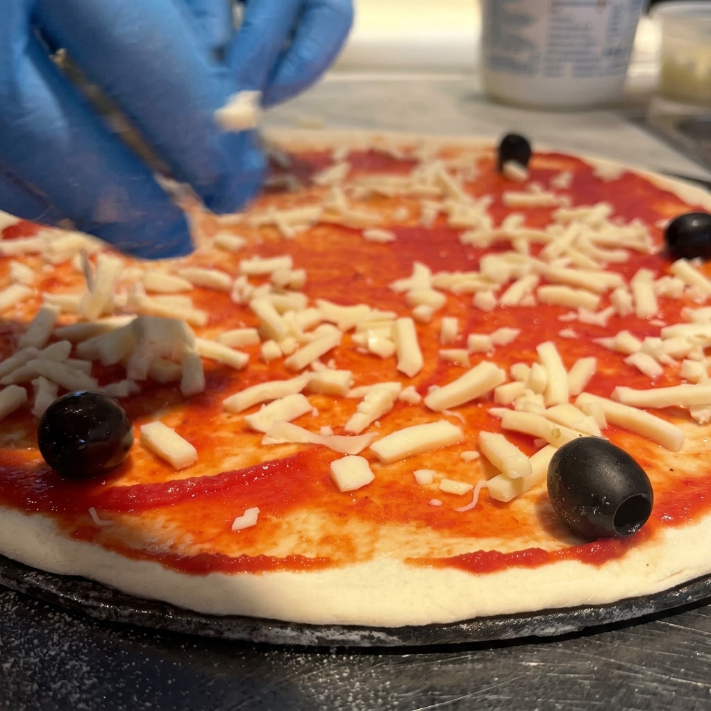 Tarta mozzarella i czarne oliwki układane na spodzie pizzy pokrytym sosem pomidorowym.