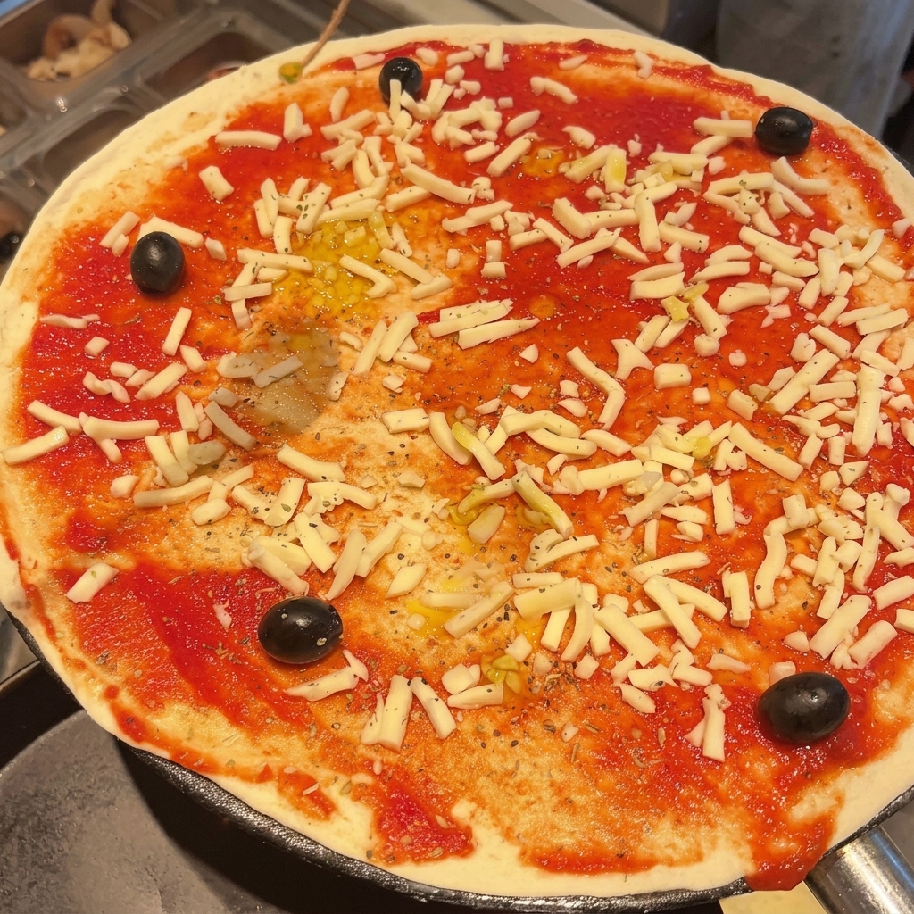 Zbliżenie na surową pizzę z sosem pomidorowym, serem i oliwkami, skrapianą oliwą przed pieczeniem.