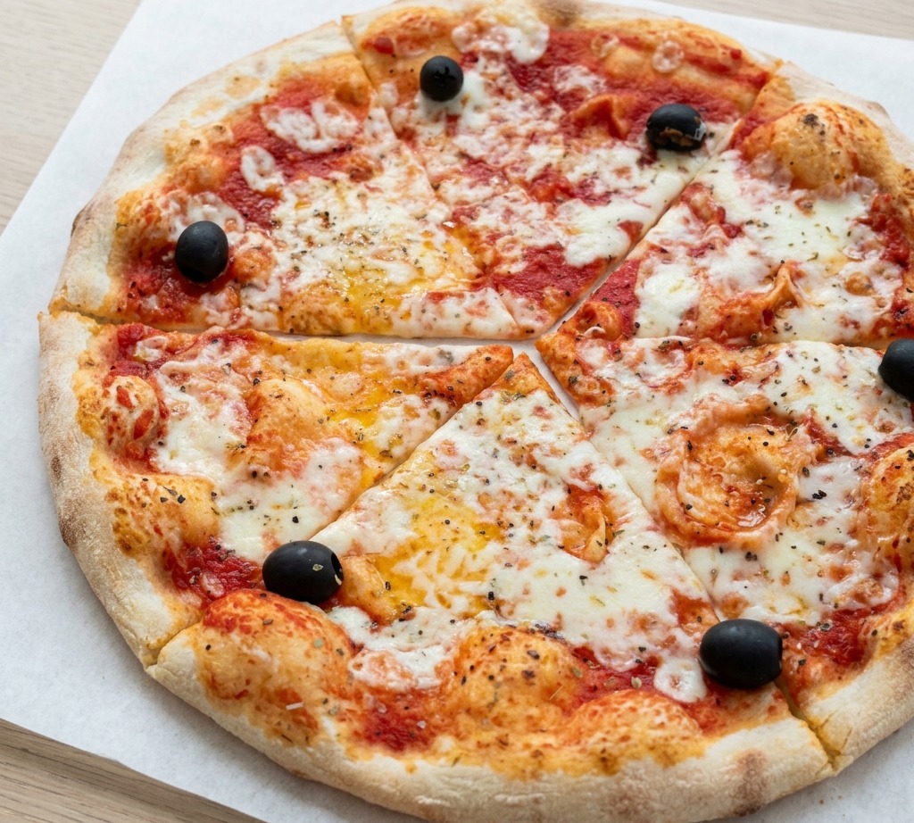 Świeżo upieczona pizza z oliwkami i roztopionym serem, pokrojona na sześć kawałków na białym papierze do pieczenia.