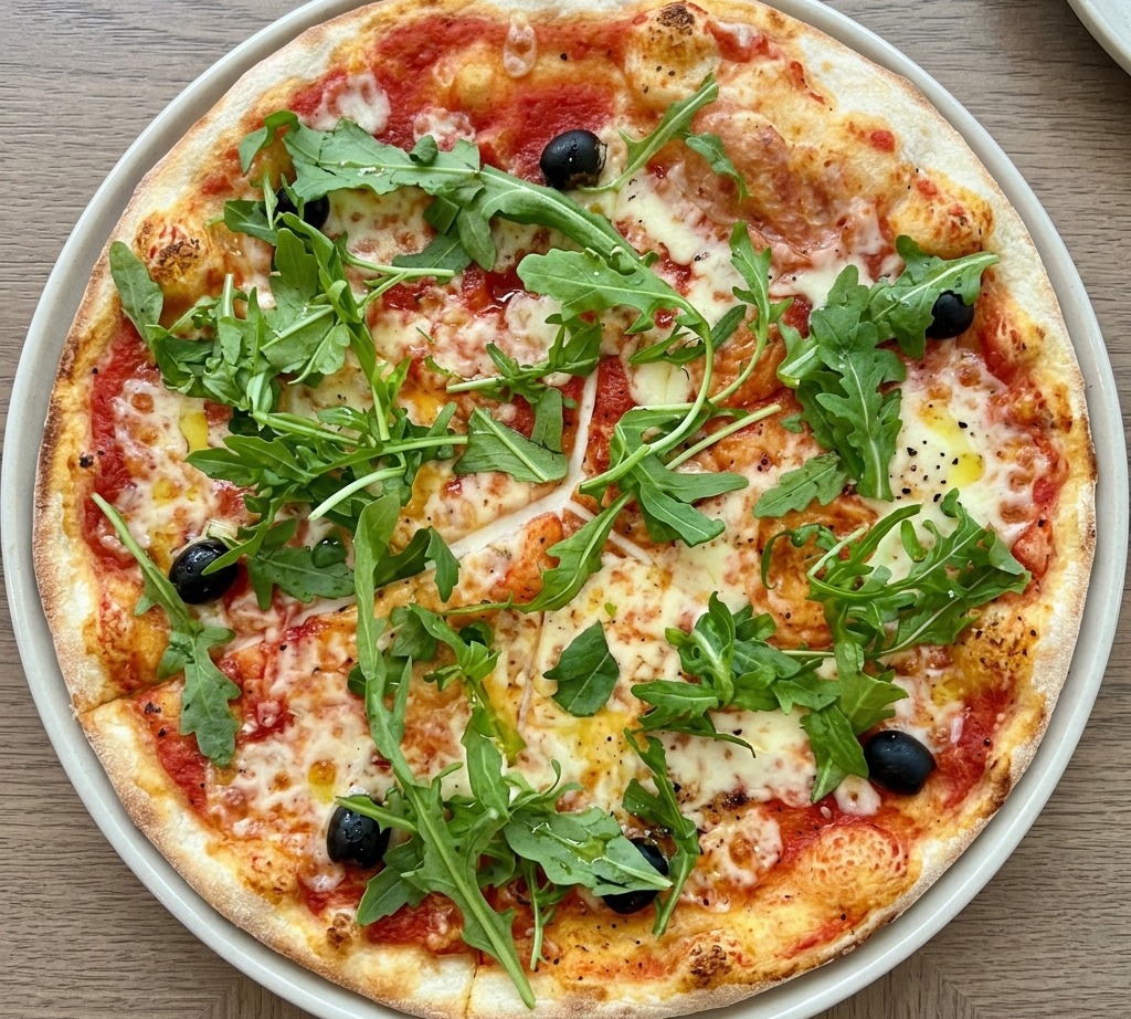 Widok z góry na okrągłą pizzę pokrytą świeżymi, zielonymi liśćmi rukoli i czarnymi oliwkami.