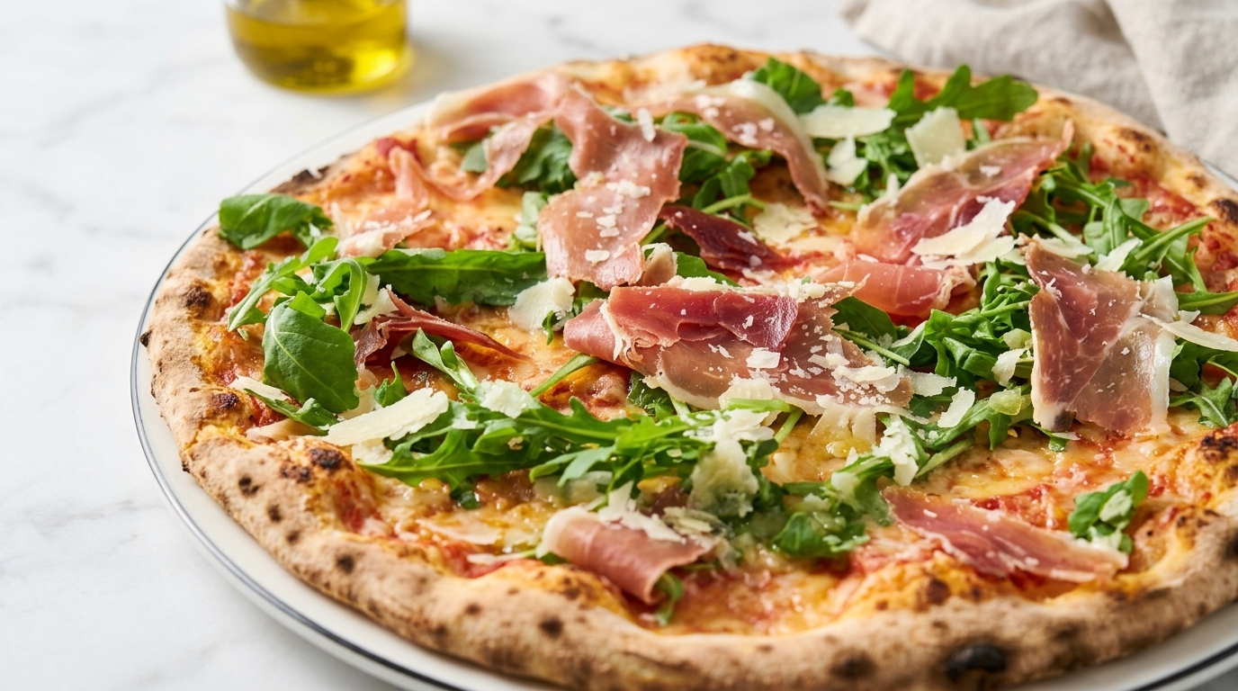 Autentyczna włoska pizza z szynką i rukolą (Pizza Prosciutto e Rucola)