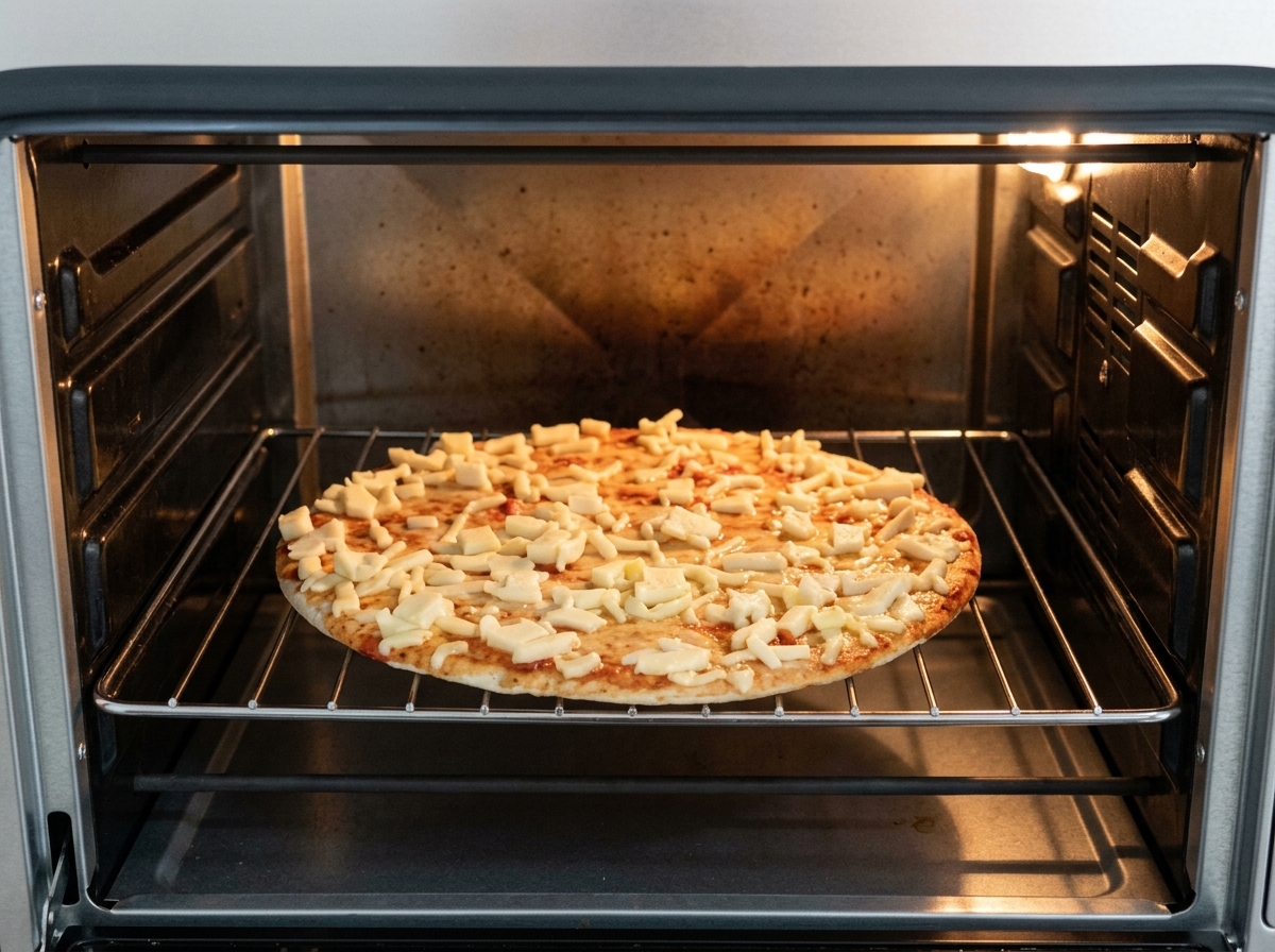 Cienka pizza z roztopionym serem piekąca się na kratce w rozgrzanym, profesjonalnym piekarniku.