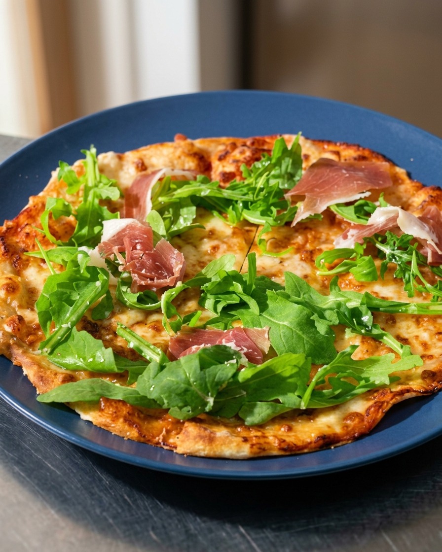 Cienkie, czerwone plastry dojrzewającej szynki iberyjskiej ułożone na świeżej, zielonej rukoli na upieczonej pizzy z tortilli.