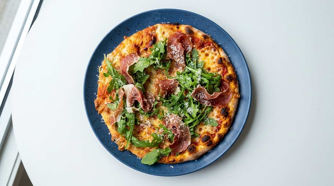 Pizza na cienkim cieście z szynką iberyjską i rukolą