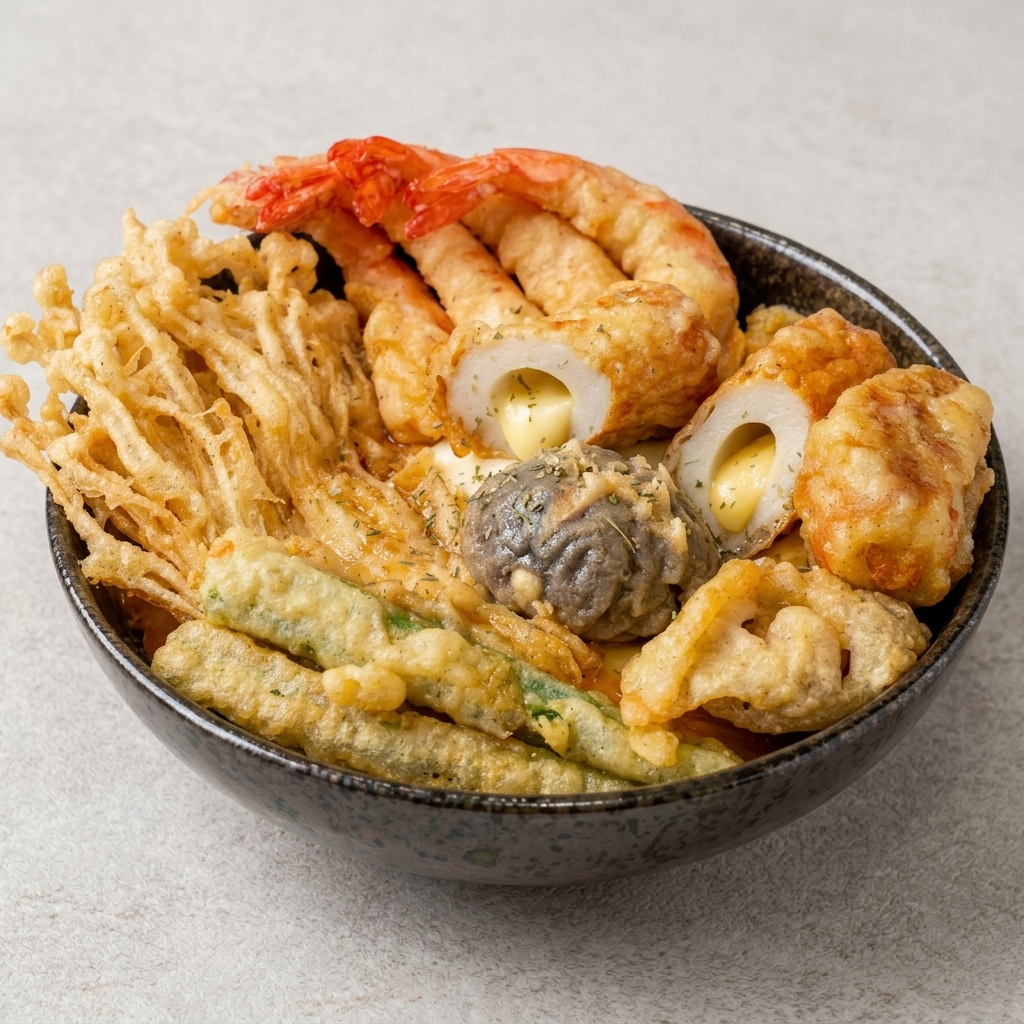 Grzyb shiitake i okra zanurzane w cieście tempura za pomocą pałeczek.