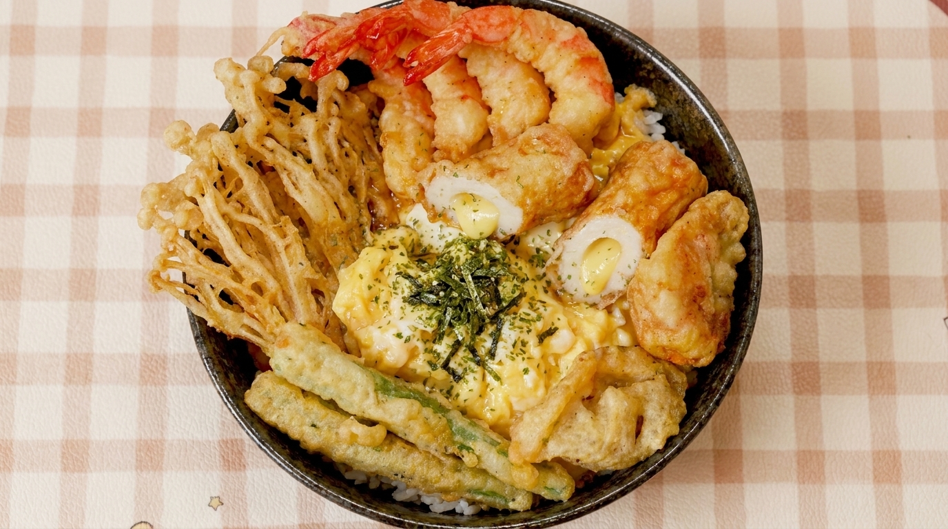 Chrupiąca tempura z jajkiem na ryżu (styl Ten-Don)