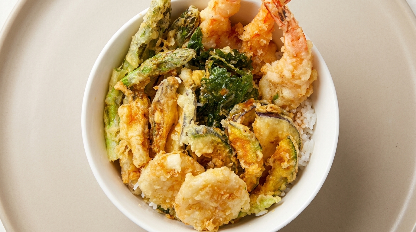 Domowe japońskie tempura donburi (Tendon)