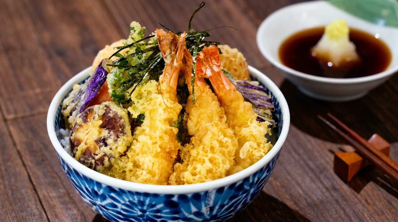 Klasyczne japońskie Tempura Don (Misa tempury z ryżem)