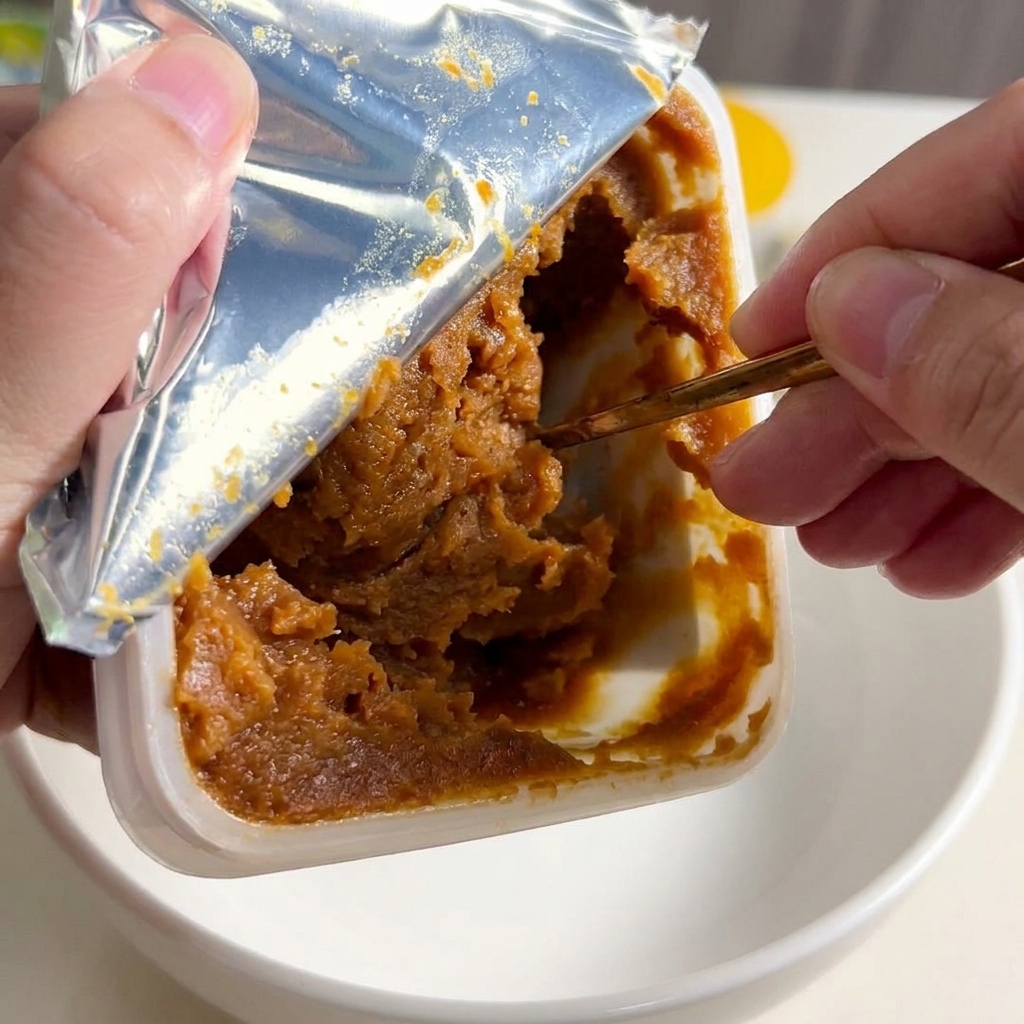 Łyżka pasty miso mieszana z gotującym się, kremowym wywarem.