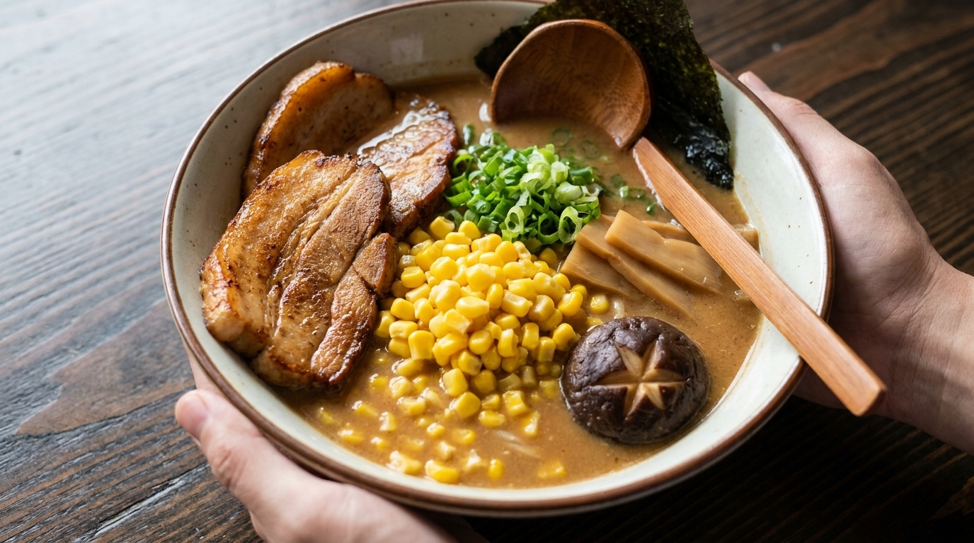 Japoński ramen miso z masłem i kukurydzą