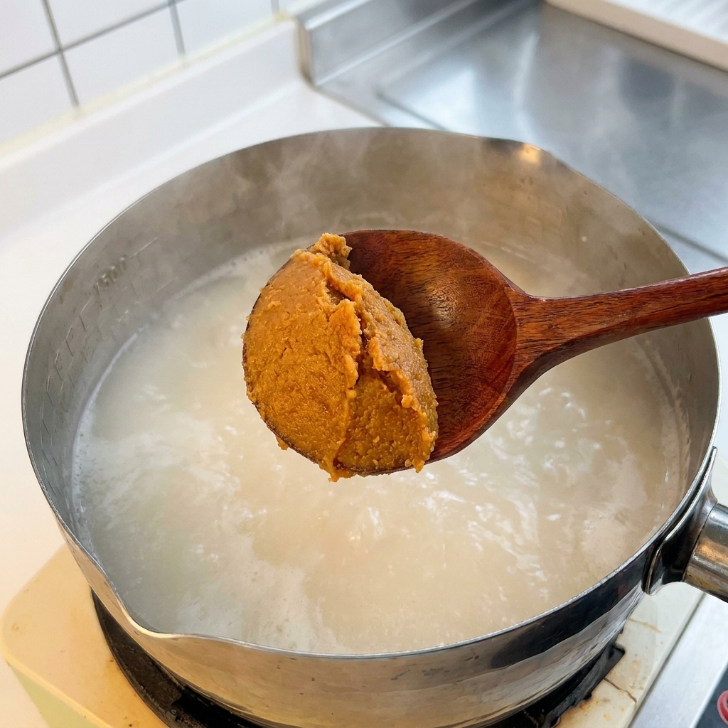 Pasta miso mieszana drewnianą łyżką w garnku z gotującym się bulionem.