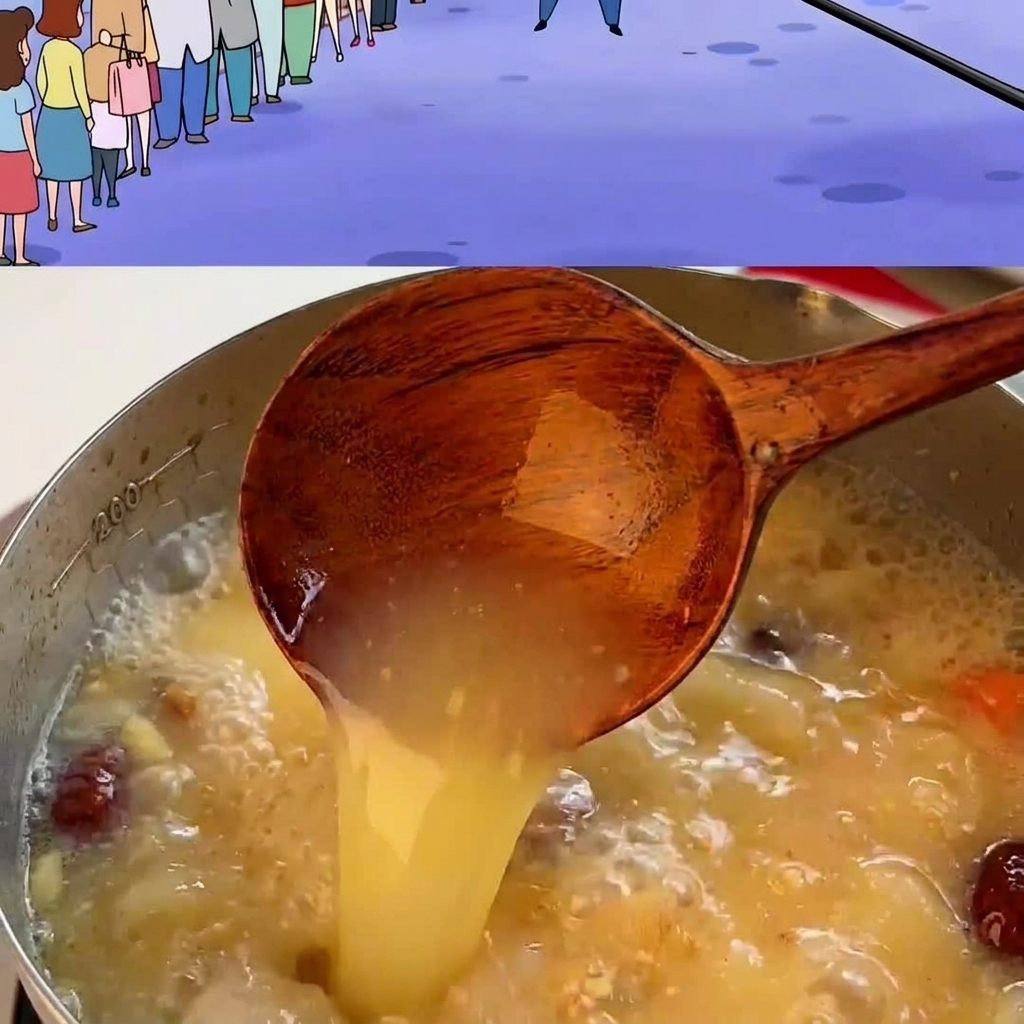 Gorący bulion miso wlewany chochlą do miski z ugotowanym makaronem.