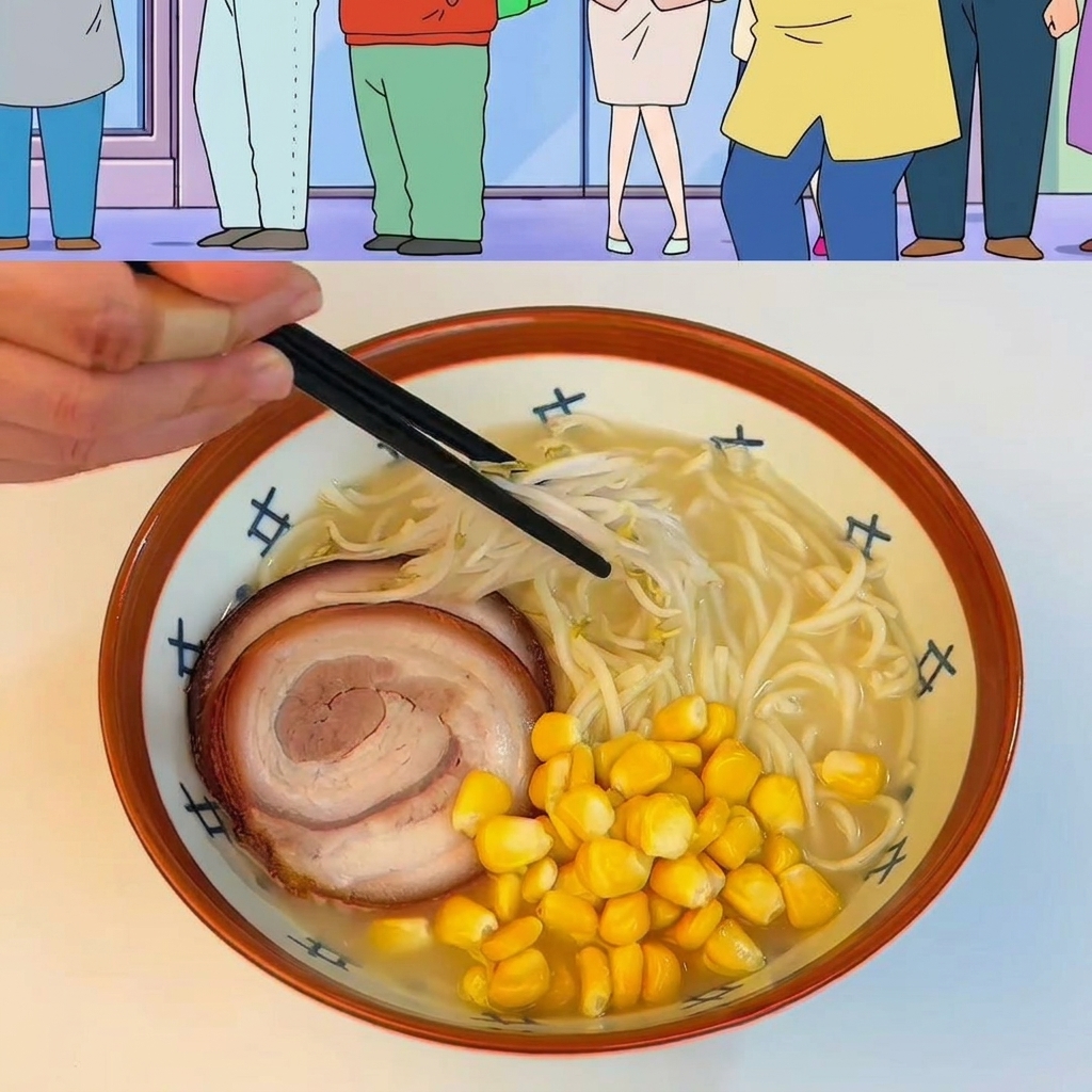 Gotowy ramen z kukurydzą, kiełkami, bambusem, szczypiorkiem i kawałkiem masła.