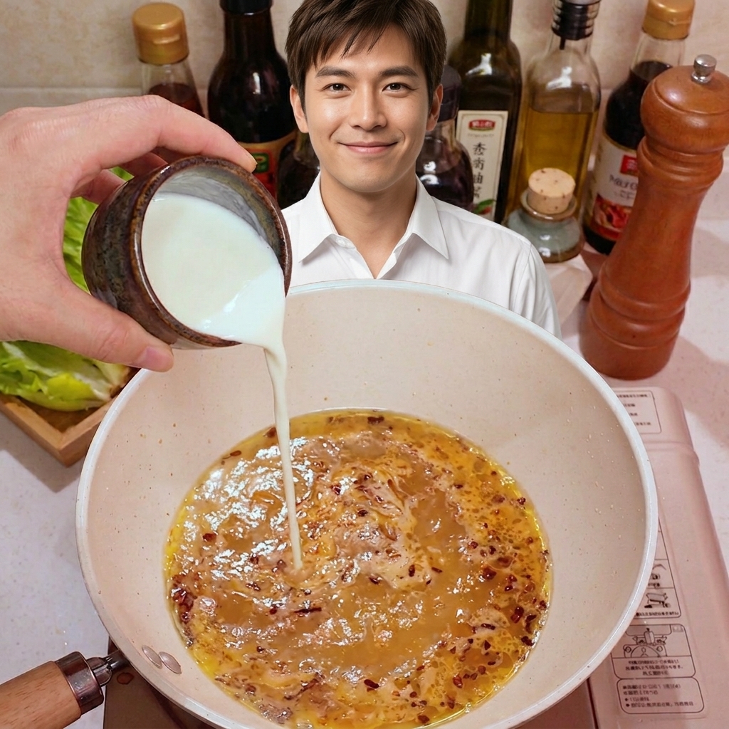 Mleko wlewane do patelni z mieszanką czosnku i miso.