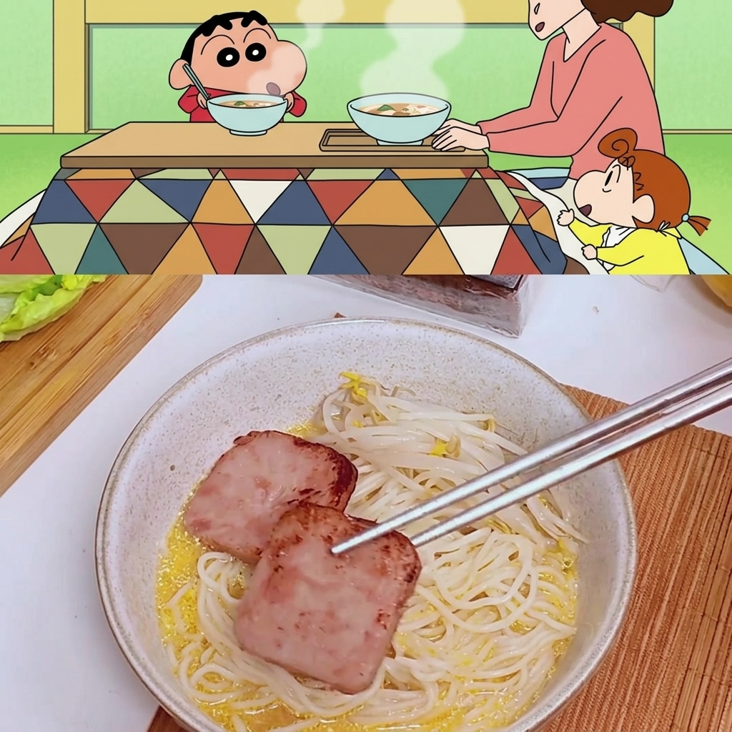 Dwa plastry podsmażonego luncheon meat układane na makaronie w misce.