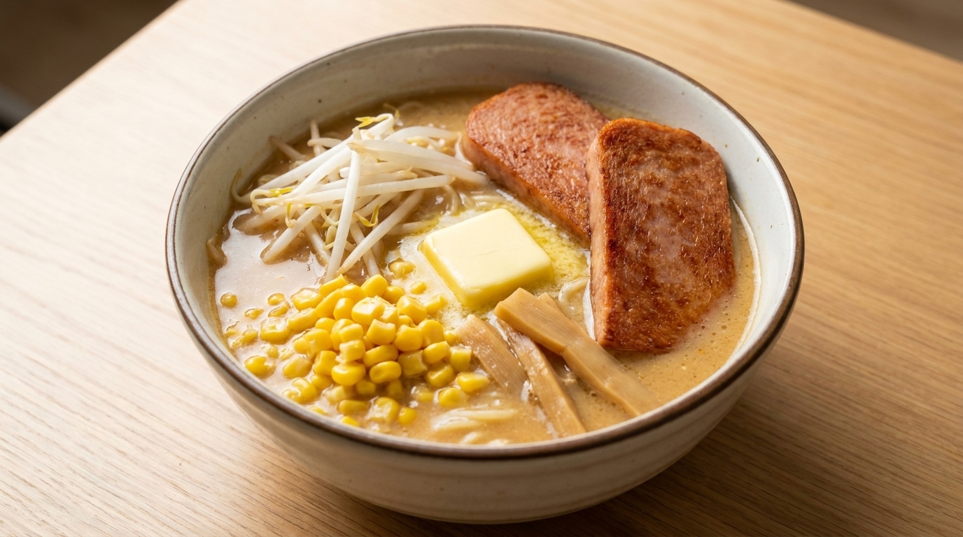 Miso Ramen z masłem, kukurydzą i mięsem luncheon meat