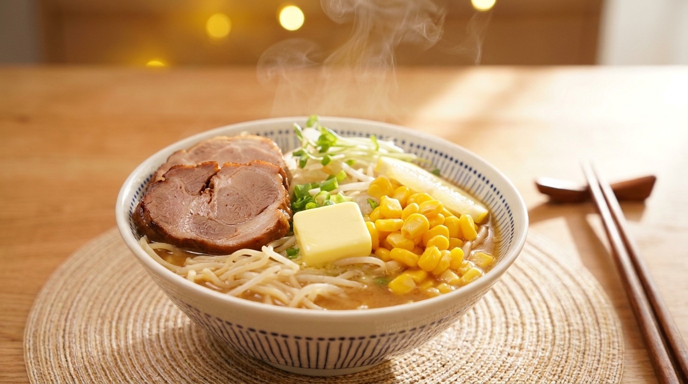Parująca miska ramenu miso z dodatkiem chashu, kukurydzy i topiącego się masła.