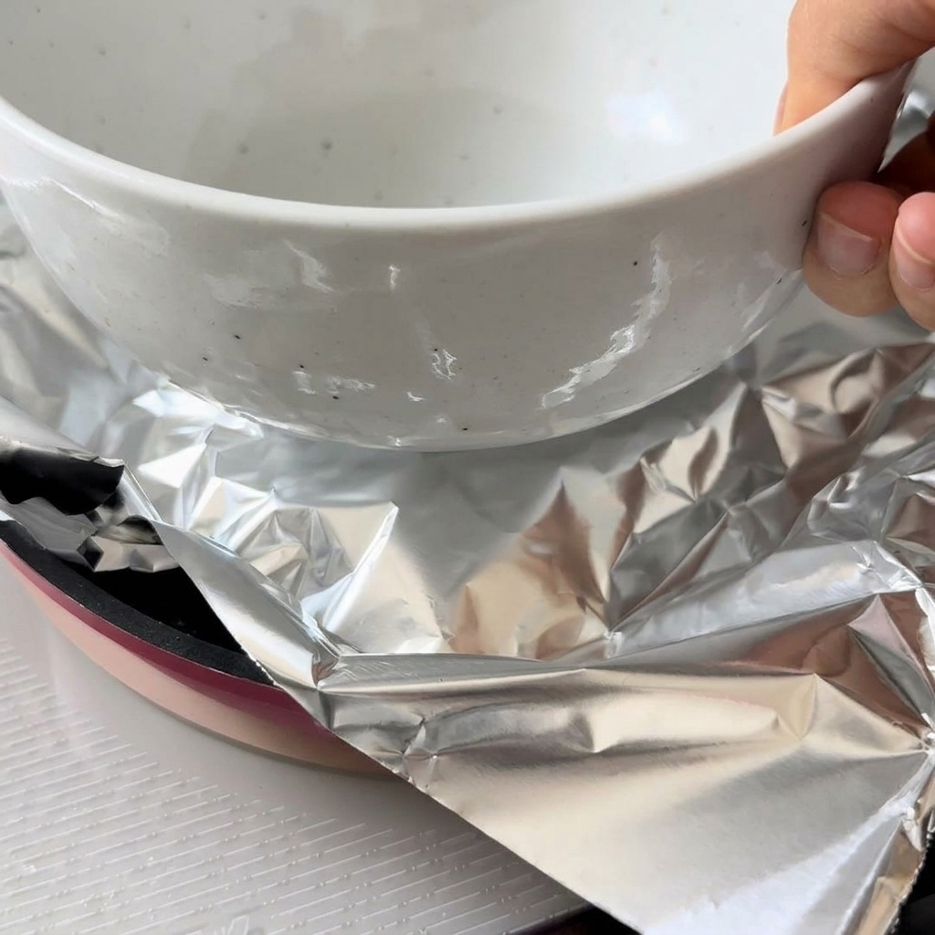 Kawałek kurczaka na patelni przykryty folią aluminiową i dociśnięty ciężką białą miską.