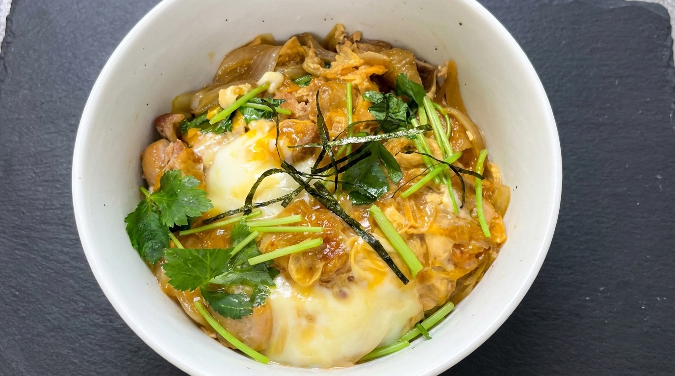 Klasyczne Oyakodon (Japońska miska ryżu z kurczakiem i jajkiem)