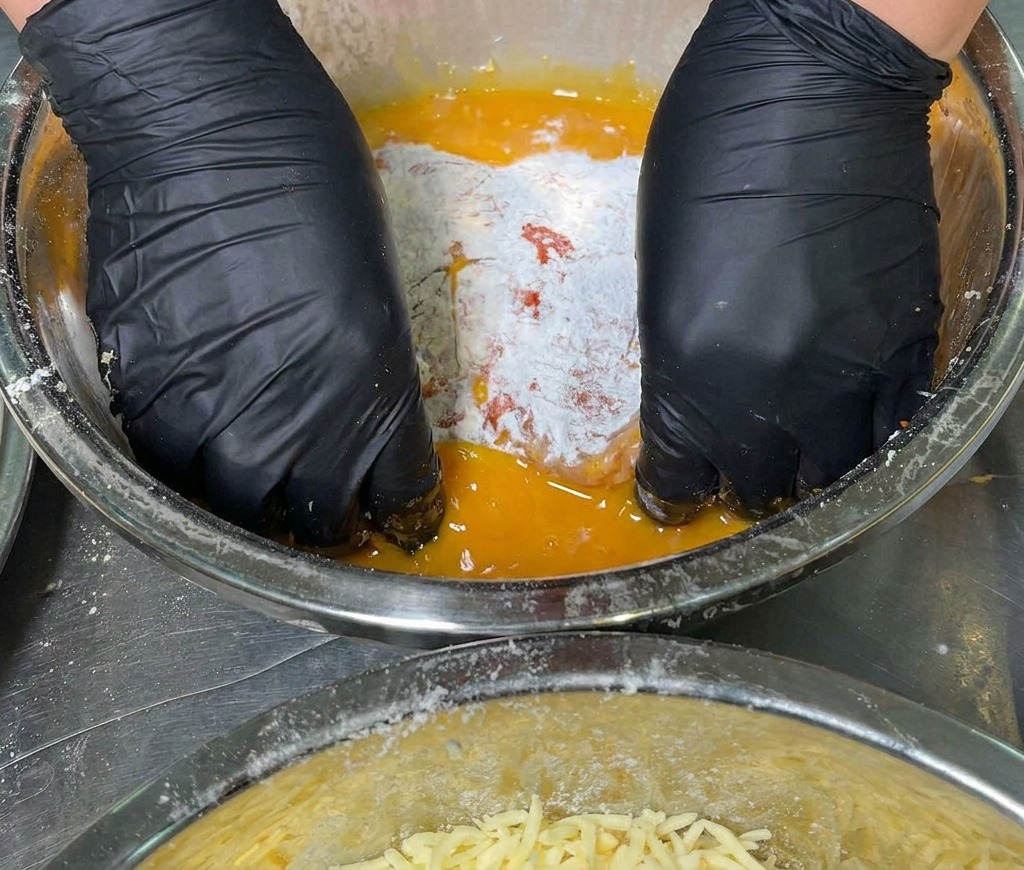 Dłonie w rękawiczkach zanurzające kotlet w misce z roztrzepanym jajkiem.