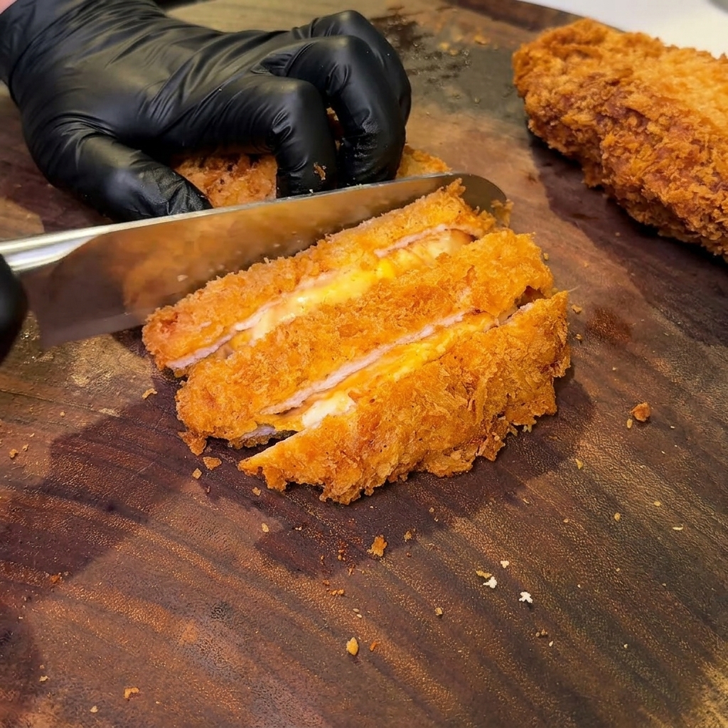 Kotlet krojony na desce z widocznym roztopionym serem w środku.