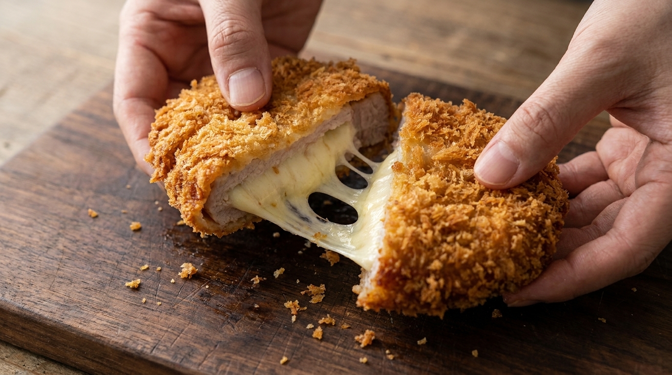 Złocisto-brązowy kotlet schabowy przekrojony na pół, ukazujący obfite, ciągnące się serowe wnętrze.