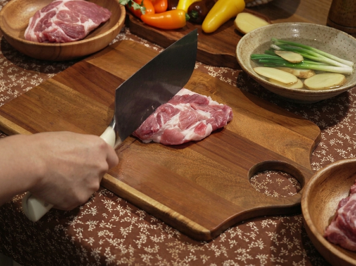 Kotlet wieprzowy doprawiony sosem sojowym, sosem ostrygowym, cukrem, solą i pieprzem na drewnianej desce.