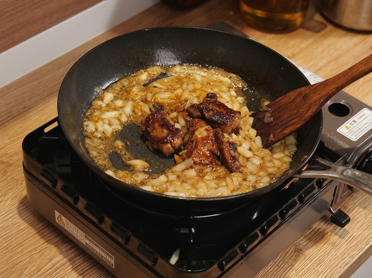Zbliżenie na drewnianą łyżkę mieszającą gęsty, brązowy sos curry z widoczną topiącą się czekoladą i wlewanym mlekiem.