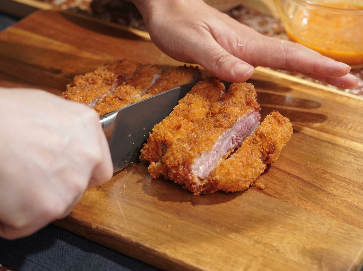 Chrupiący kotlet wieprzowy krojony na równe paski ostrym nożem na drewnianej desce.