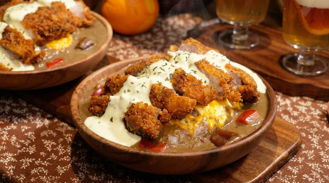 Japońskie curry z ryżem, chrupiącym kotletem wieprzowym i puszystą jajecznicą
