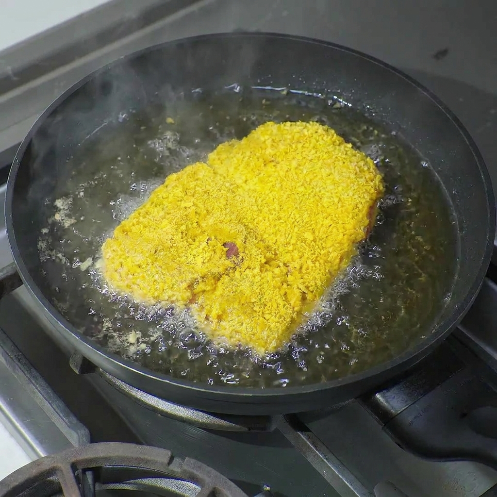 Duży, gruby panierowany kotlet wieprzowy smażący się w gorącym, bąbelkującym oleju na czarnej patelni z powłoką nieprzywierającą.
