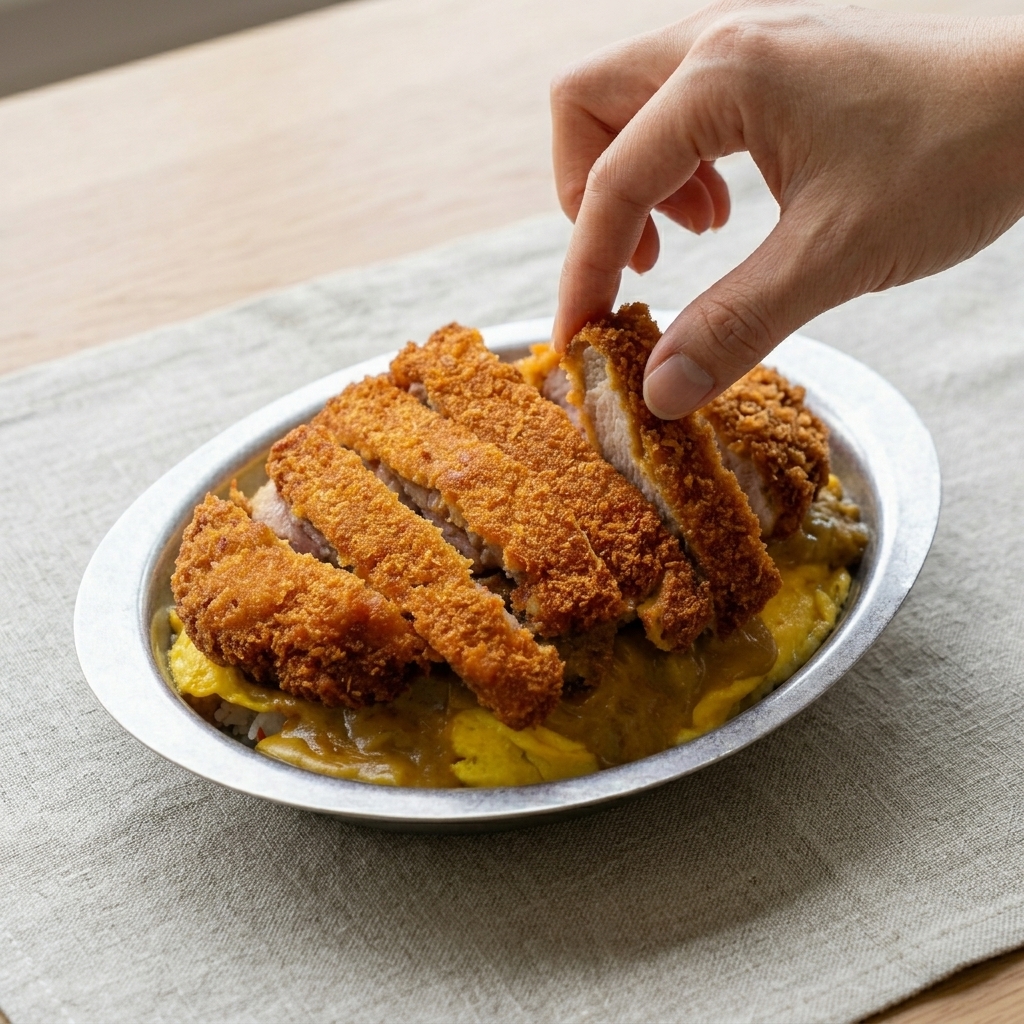 Pokrojony, złocistobrązowy, chrupiący kotlet wieprzowy układany na wierzchu miski z ryżem, jajkiem i curry.