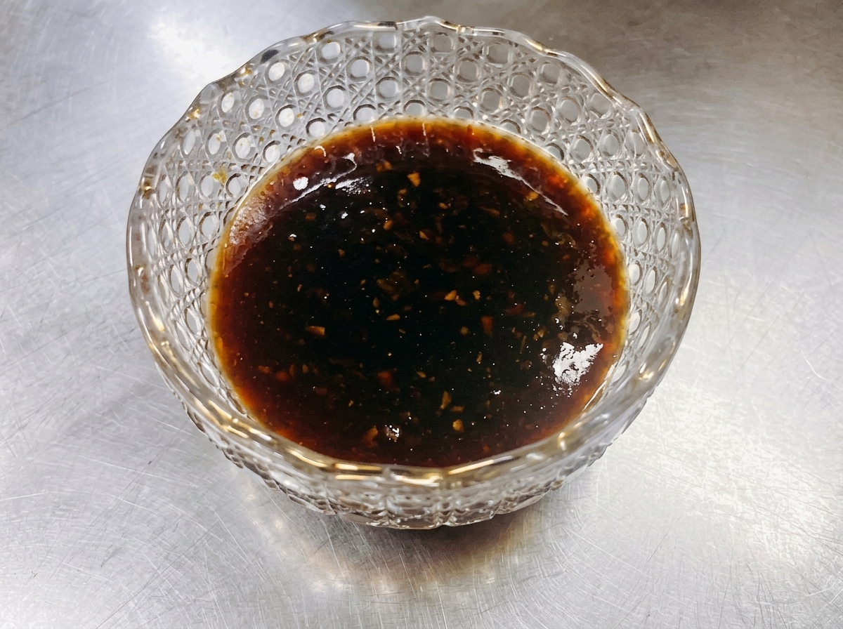 Plastry tłustej wołowiny smażące się na patelni, polewane ciemnym, błyszczącym sosem teriyaki.