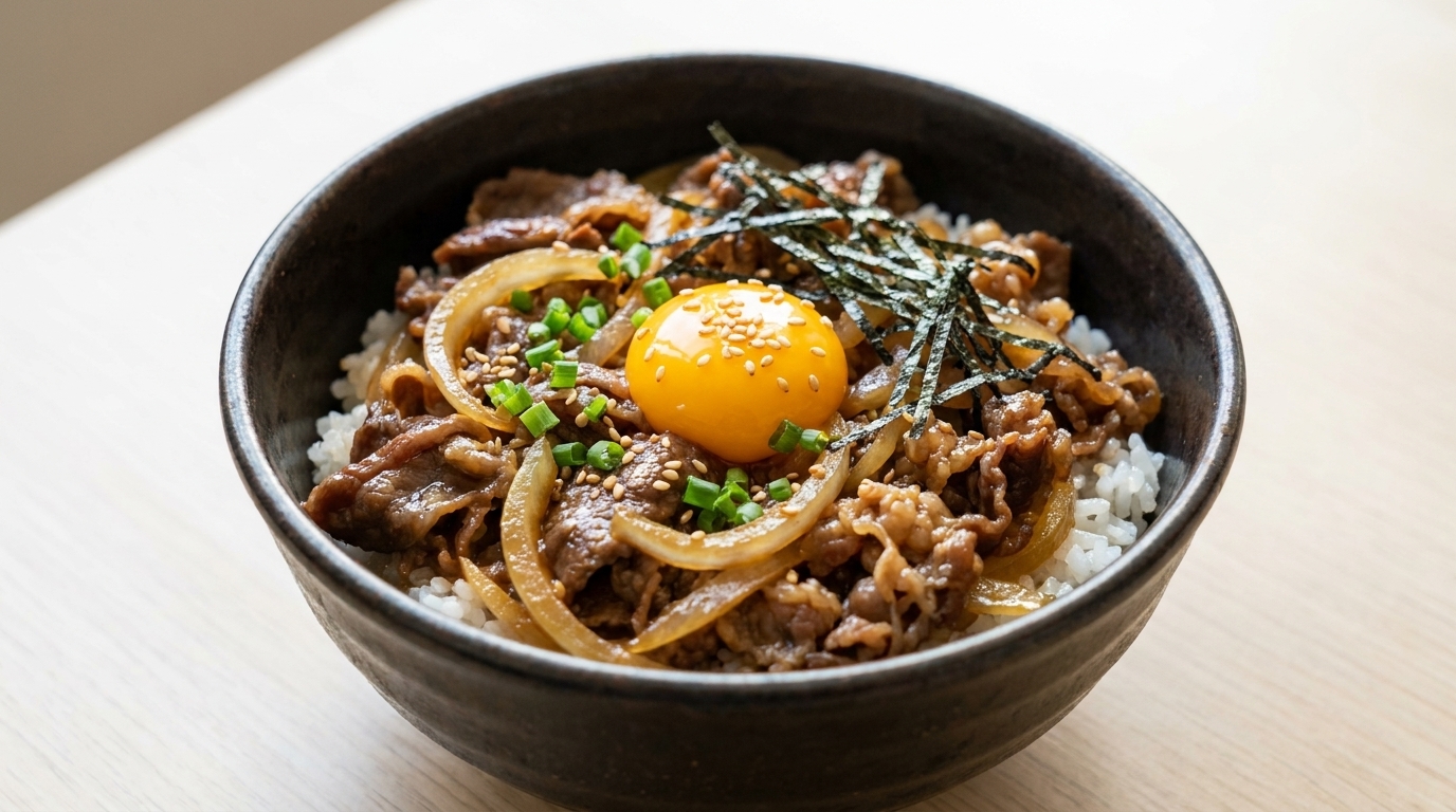 Klasyczna japońska miska ryżu z wołowiną (Gyudon)