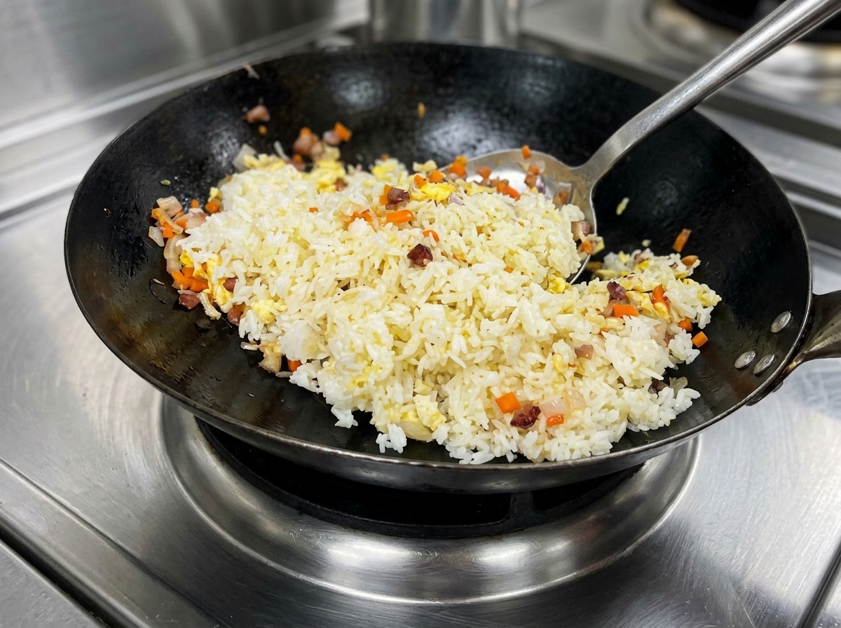 Energiczne podrzucanie i smażenie stir-fry żywej mieszanki żółtego ryżu, mięsa i warzyw w dużym woku na dużym ogniu.