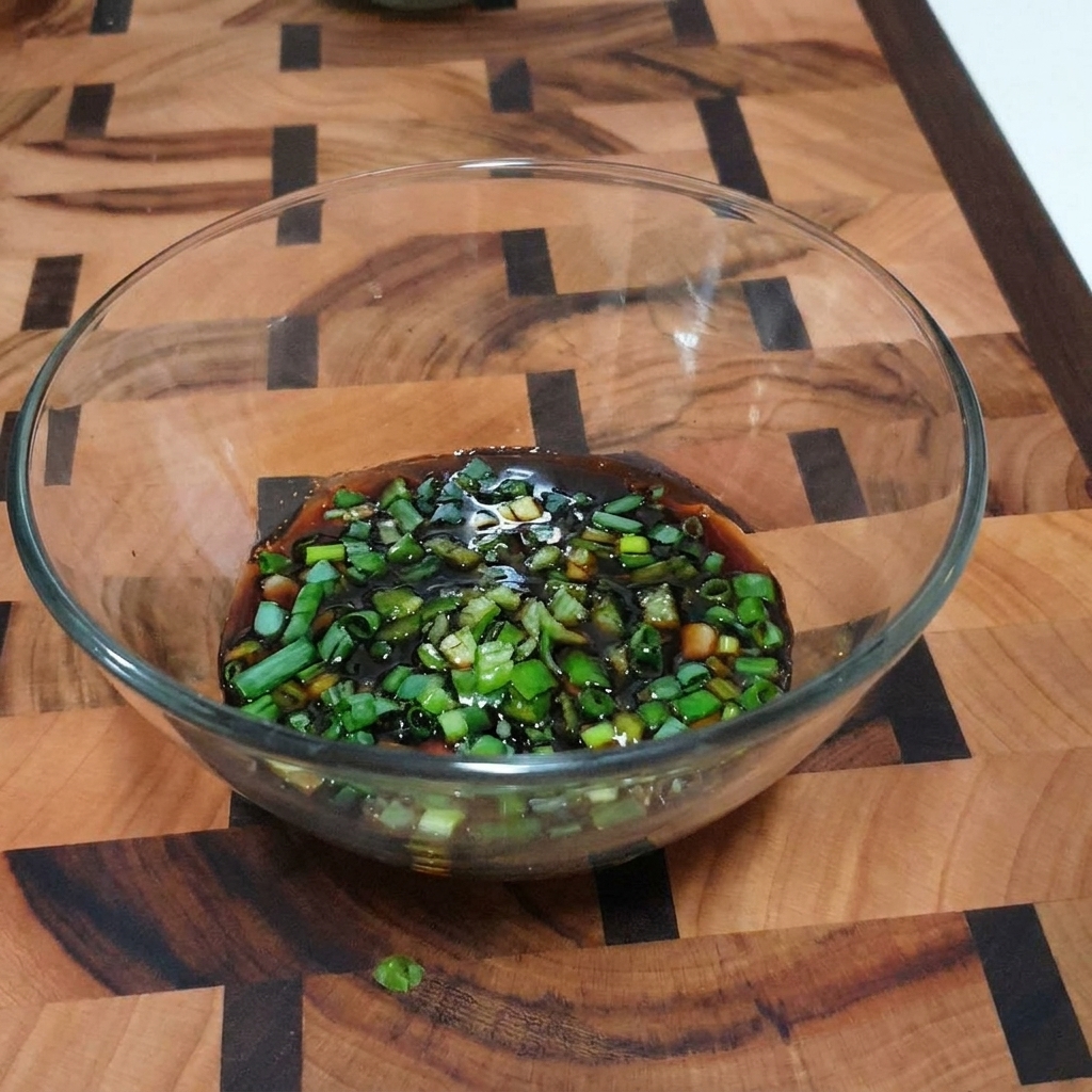 Szklana miseczka z sosem sojowym, z widocznymi kawałkami cebulki, chili i ziaren sezamu.