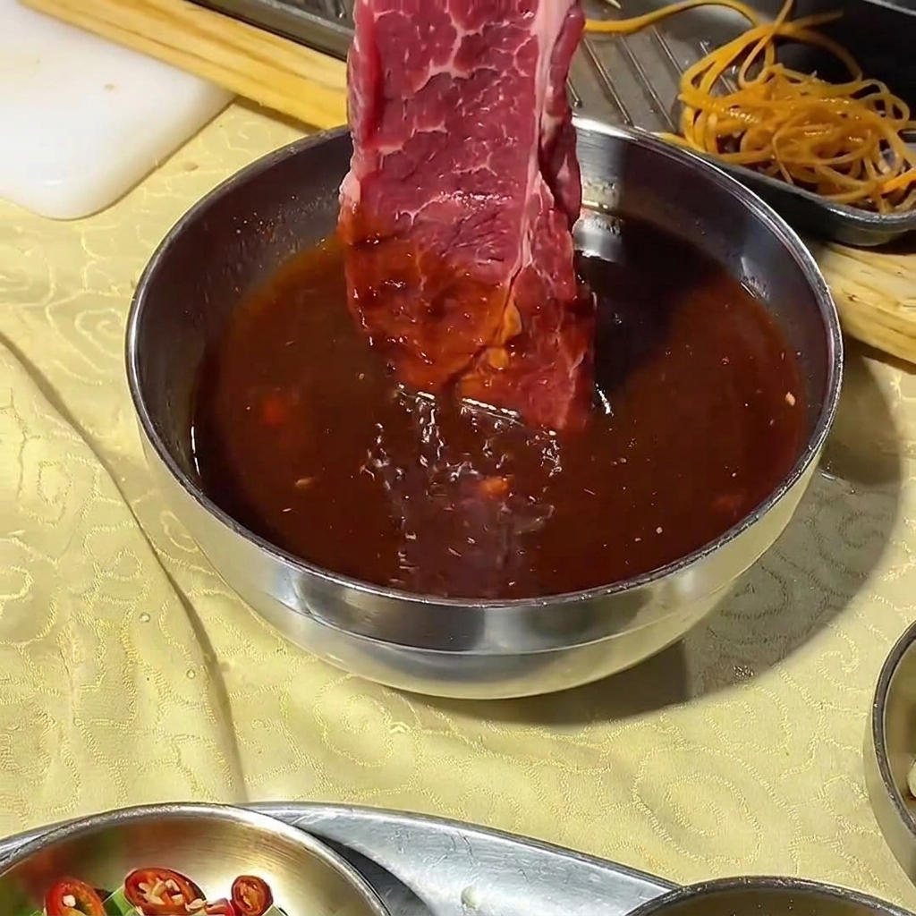 Plaster surowej wołowiny zanurzany w metalowej misce wypełnionej ciemną koreańską marynatą BBQ.