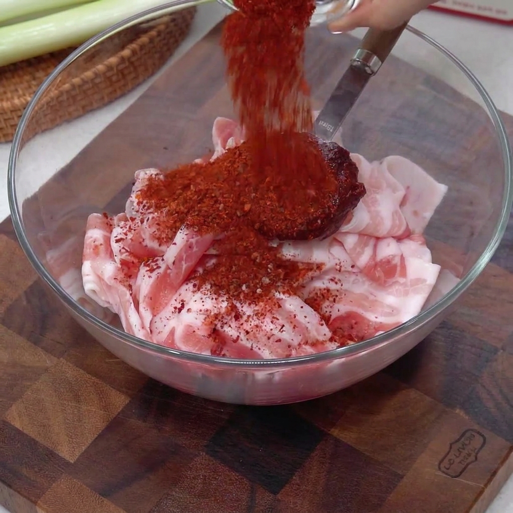 Płatki chili wsypywane z małej łyżeczki na surowy boczek w szklanej misce.