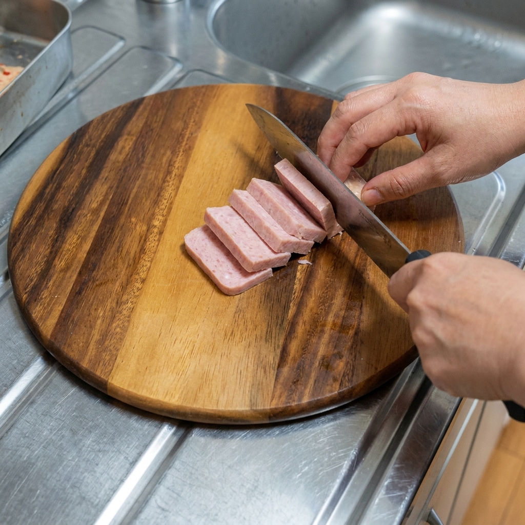 Czerwone, sfermentowane kimchi krojone na mniejsze kawałki na drewnianej desce do krojenia.