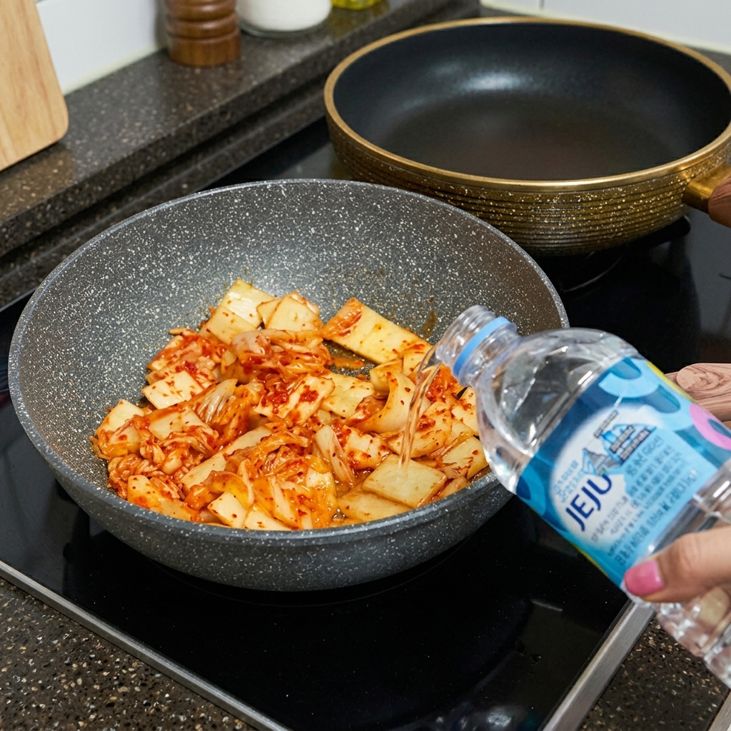 Woda wlewana z butelki na patelnię z podsmażonym kimchi.