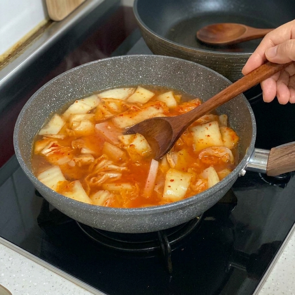 Plastry białego tofu delikatnie wkładane do bulgoczącej, czerwonej zupy kimchi.