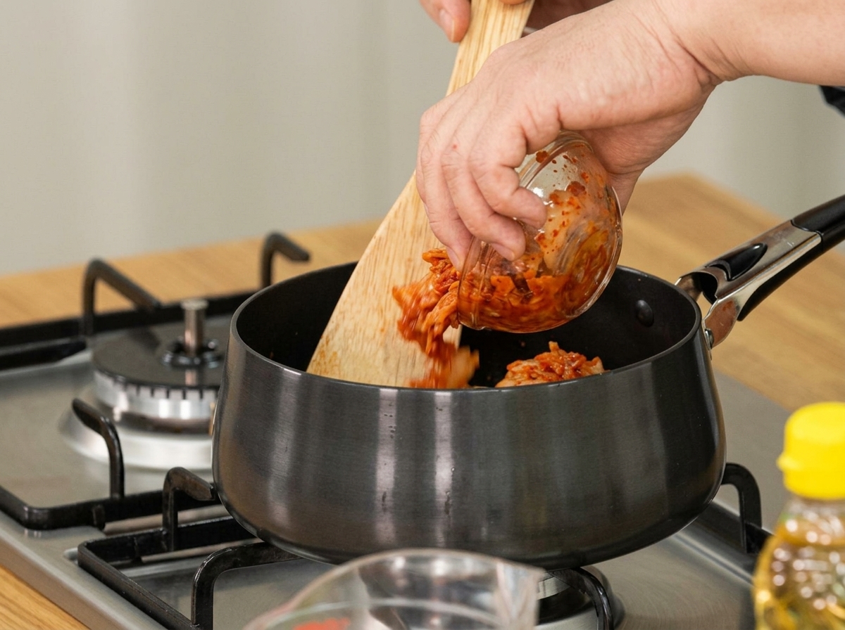 Dojrzałe kimchi dodawane do garnka drewnianą łyżką w celu podsmażenia.