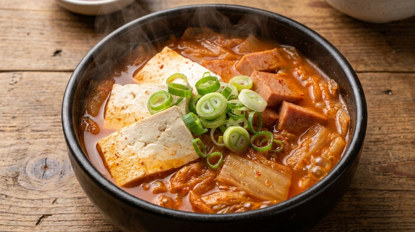 Bogate koreańskie kimchi jjigae z szynką Spam